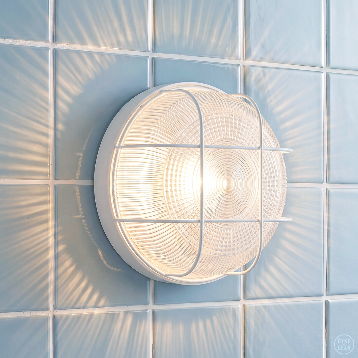 WHITE CAGED INDUSTRIAL ROUND WALL & CEILING BULKHEAD LIGHT