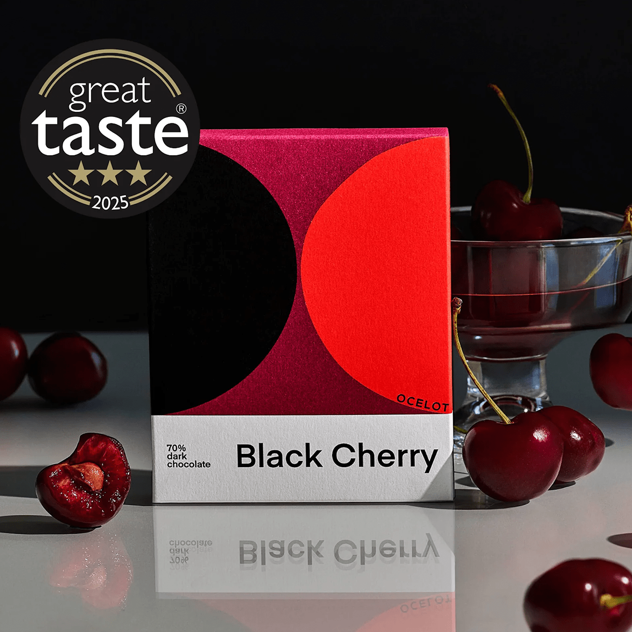 BLACK CHERRY ORGANIC 70% DARK CHOCOLATE BAR - DYKE & DEAN