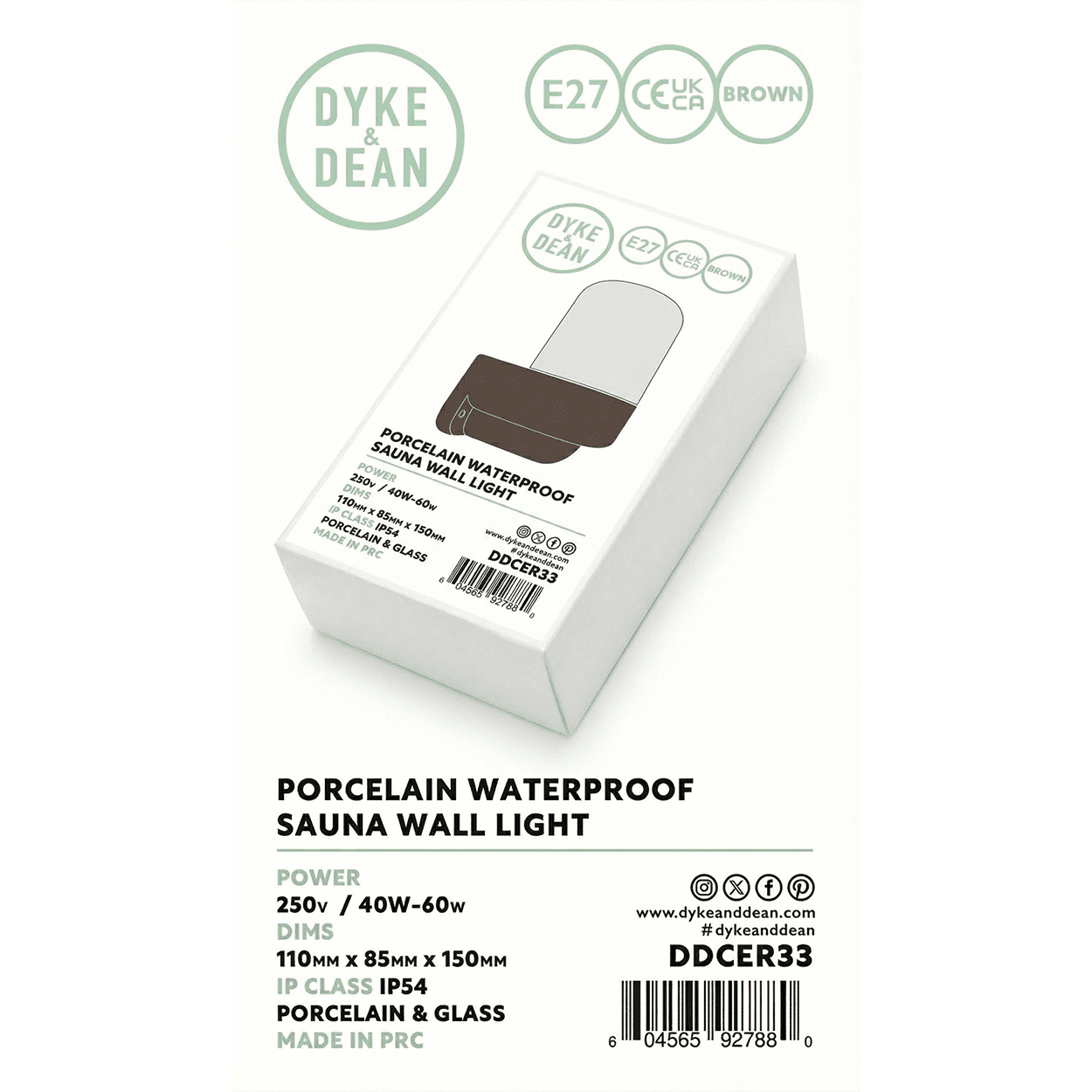 BROWN FROSTED PORCELAIN WATERPROOF SAUNA WALL LIGHT - DYKE & DEAN