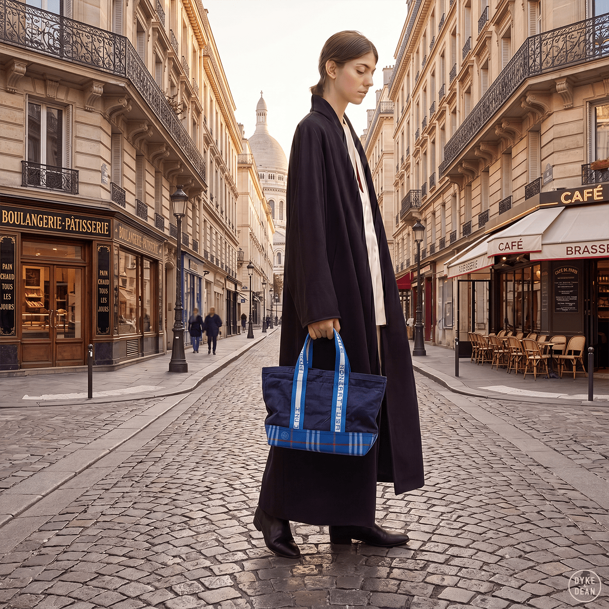 COTTON CHECK ZIP TOTE BAG NAVY - DYKE & DEAN