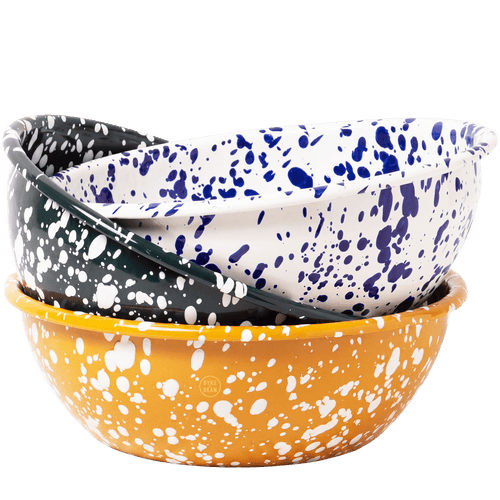 CREAM & BLUE LARGE SPLATTER ENAMEL BOWL - DYKE & DEAN