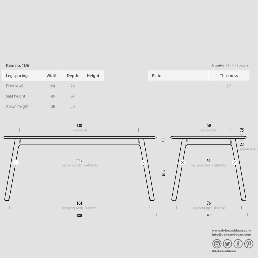 GAZZDA STAFA TABLE WHITE OAK 180 x 90 - DYKE & DEAN
