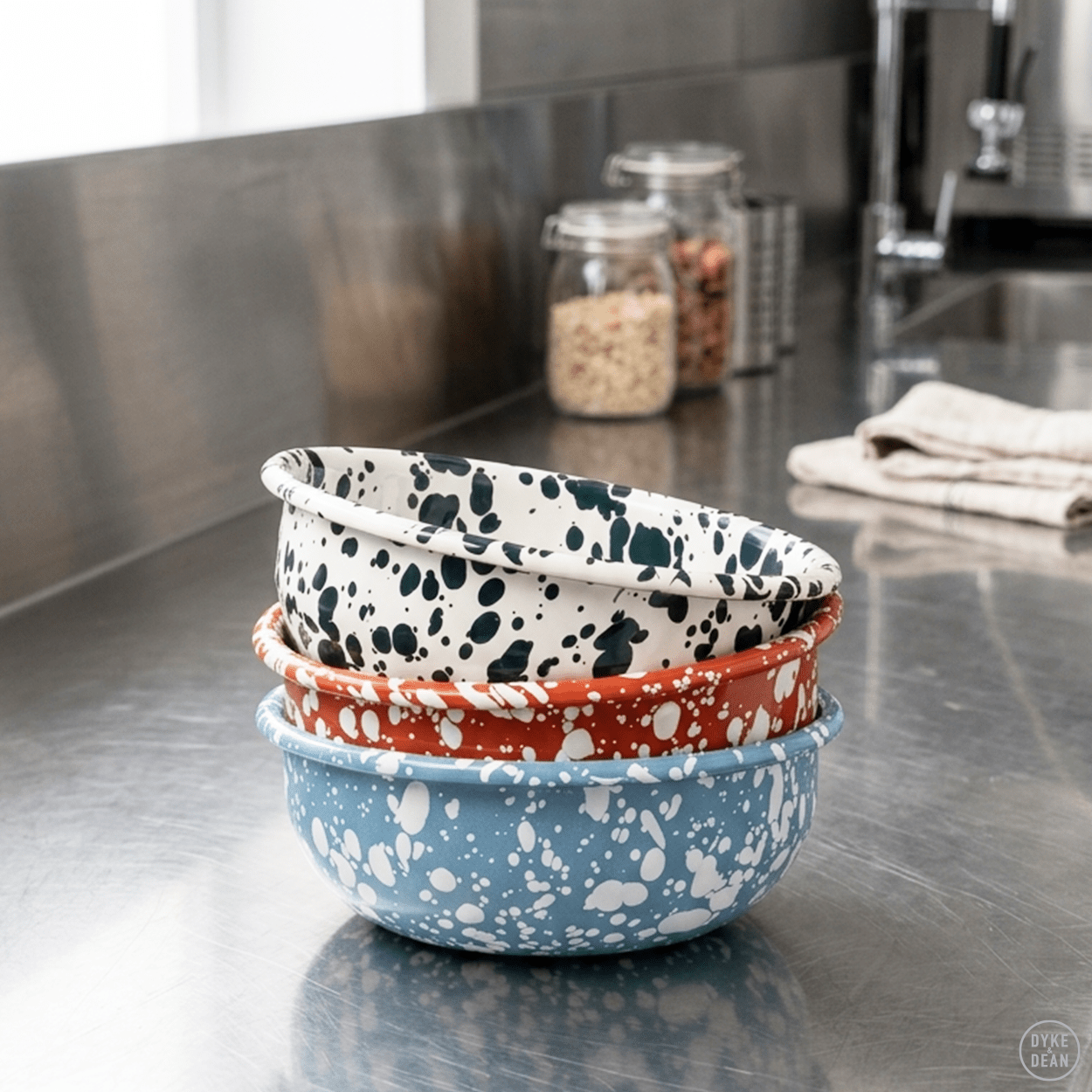 LIGHT BLUE & WHITE SMALL SPLATTER ENAMEL BOWL - DYKE & DEAN