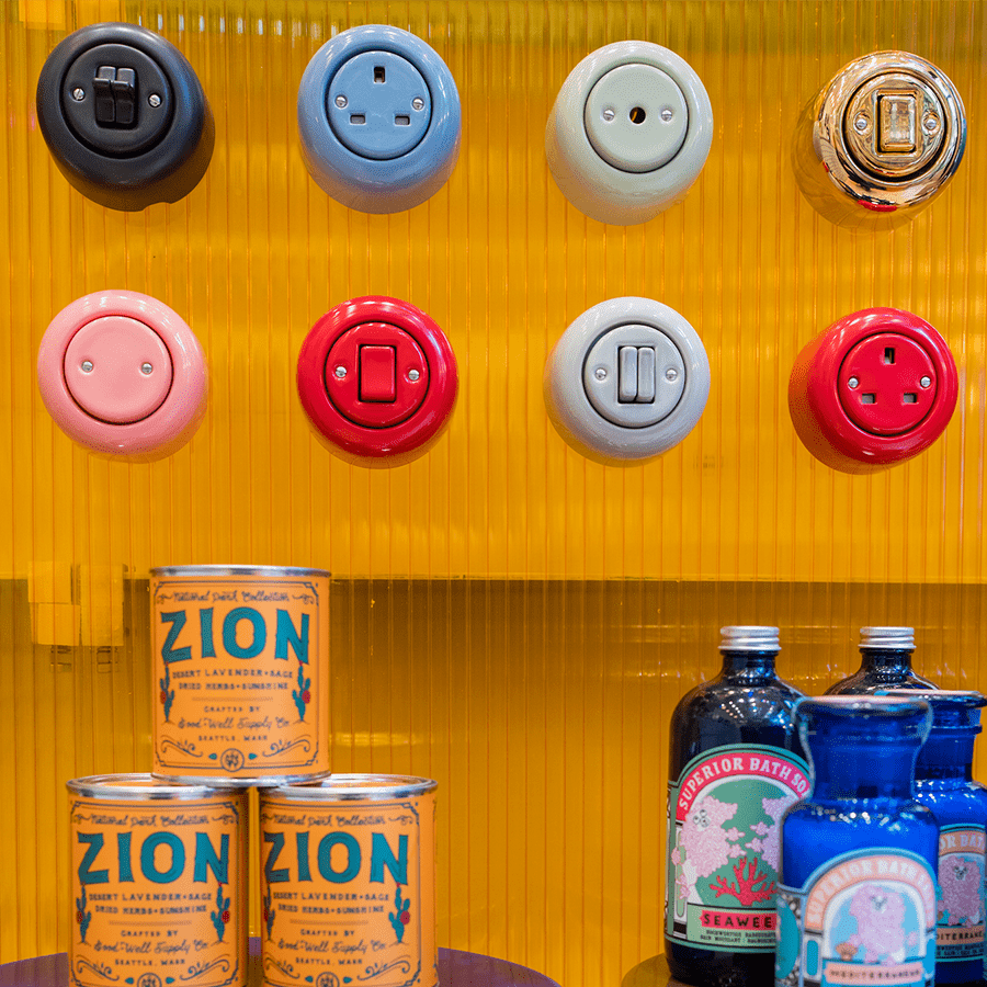 PORCELAIN KATY PATY COLONA ROUND SURFACE MOUNTED DOUBLE SLIM BUTTON SWITCH BRICK RED - DYKE & DEAN