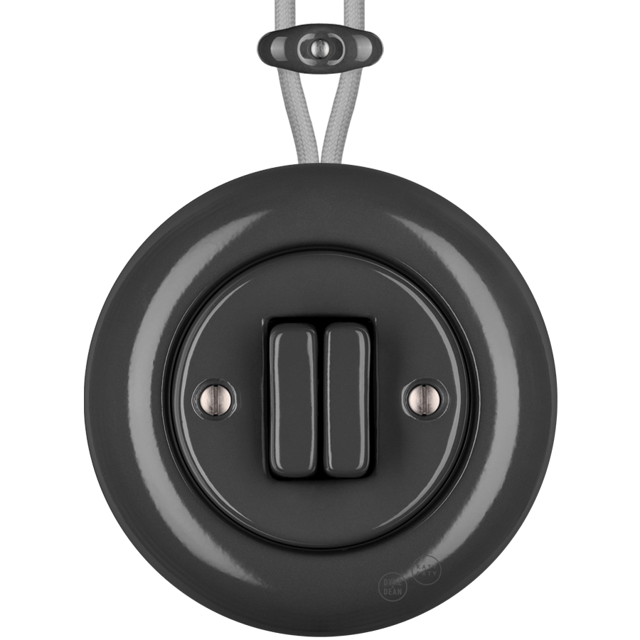 PORCELAIN KATY PATY COLONA ROUND SURFACE MOUNTED DOUBLE SLIM BUTTON SWITCH DARK GREY - DYKE & DEAN