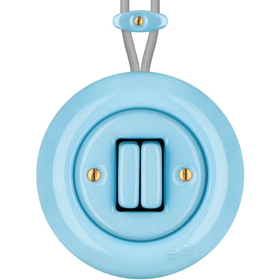 PORCELAIN KATY PATY COLONA ROUND SURFACE MOUNTED DOUBLE SLIM BUTTON SWITCH PASTEL BLUE - DYKE & DEAN