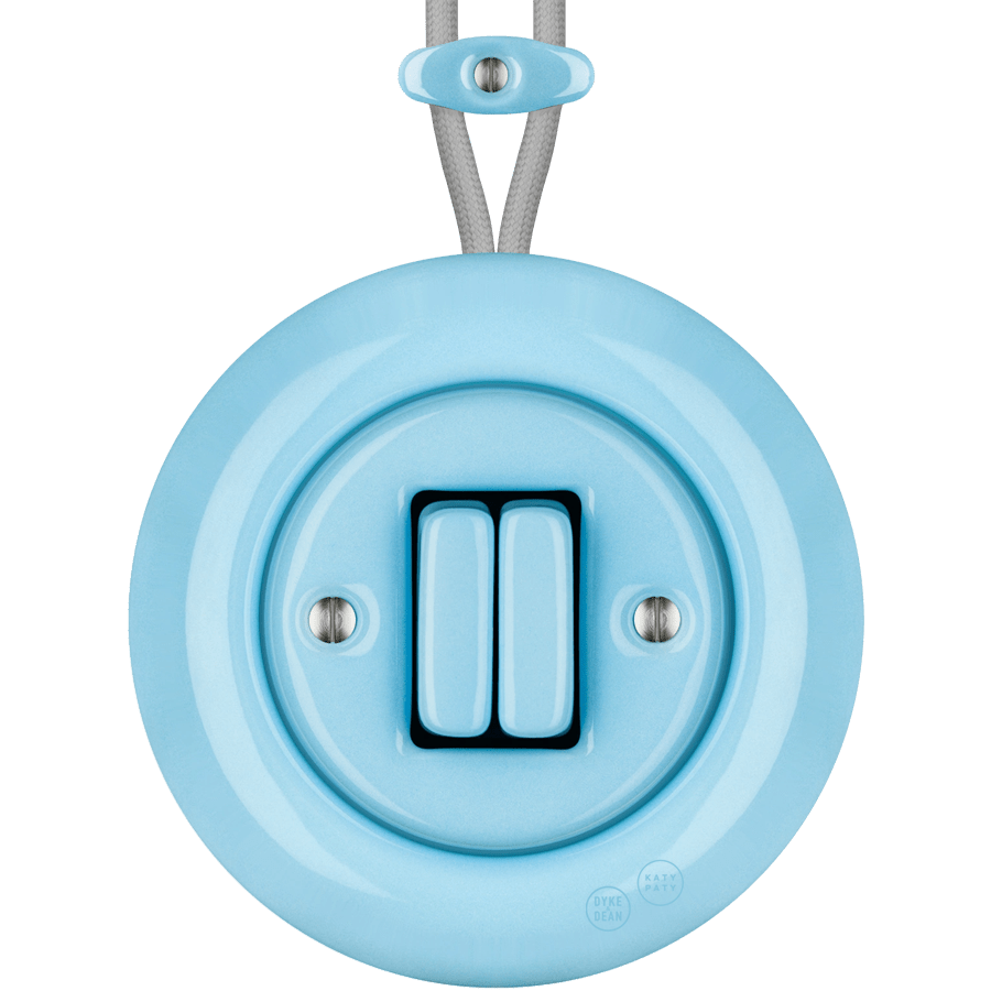 PORCELAIN KATY PATY COLONA ROUND SURFACE MOUNTED DOUBLE SLIM BUTTON SWITCH PASTEL BLUE - DYKE & DEAN