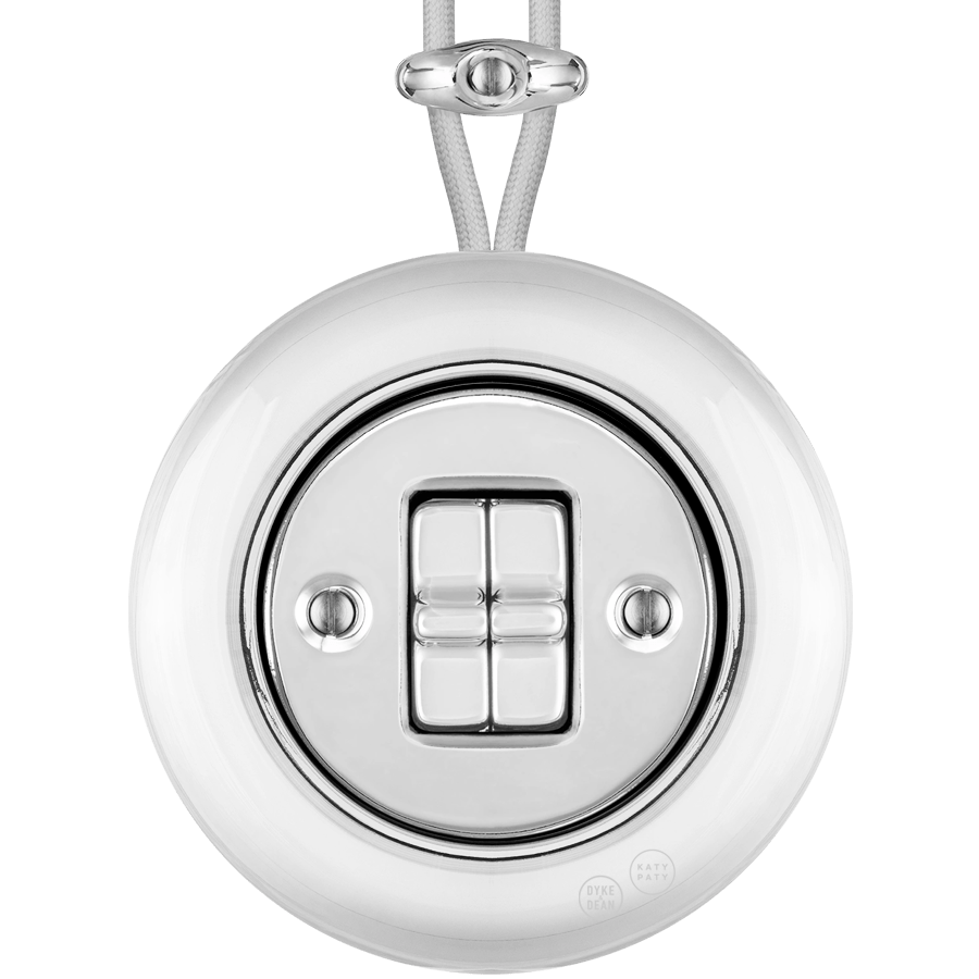 PORCELAIN KATY PATY COLONA ROUND SURFACE MOUNTED DOUBLE TOGGLE BUTTON SWITCH CHROME - DYKE & DEAN