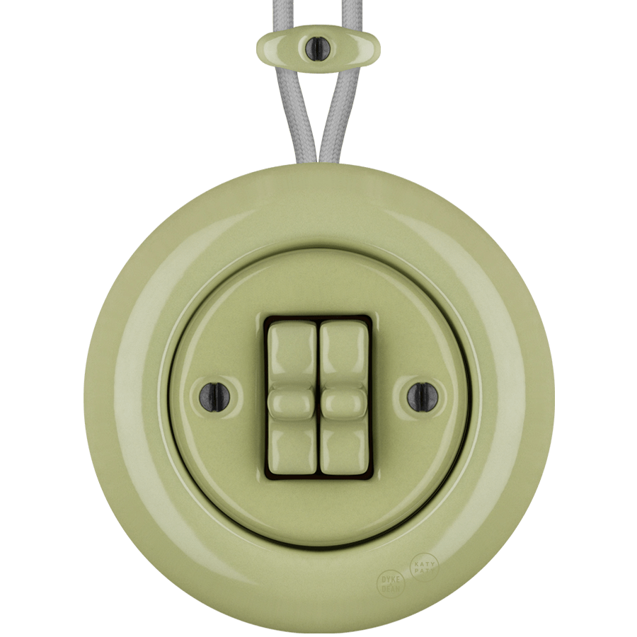 PORCELAIN KATY PATY COLONA ROUND SURFACE MOUNTED DOUBLE TOGGLE BUTTON SWITCH MOSS GREEN - DYKE & DEAN