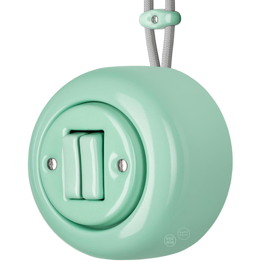 PORCELAIN ROUND SURFACE MOUNTED DOUBLE SLIM BUTTON SWITCH MINT - DYKE & DEAN