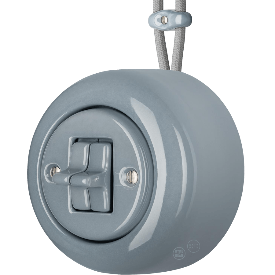 PORCELAIN ROUND SURFACE MOUNTED DOUBLE TOGGLE BUTTON SWITCH ASH GREY - DYKE & DEAN