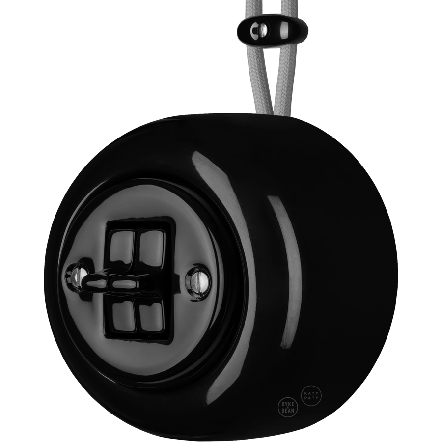 PORCELAIN ROUND SURFACE MOUNTED DOUBLE TOGGLE BUTTON SWITCH BLACK - DYKE & DEAN