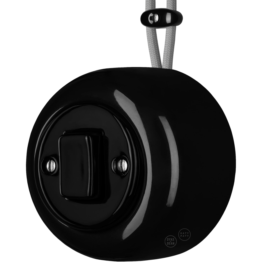 PORCELAIN ROUND SURFACE MOUNTED FAT BUTTON SWITCH BLACK - DYKE & DEAN
