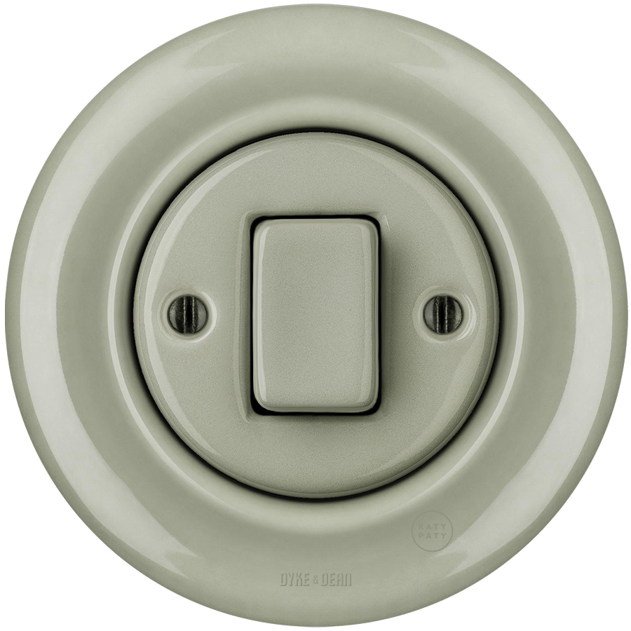 PORCELAIN WALL LIGHT SWITCH GREY GREEN FAT BUTTON - DYKE & DEAN