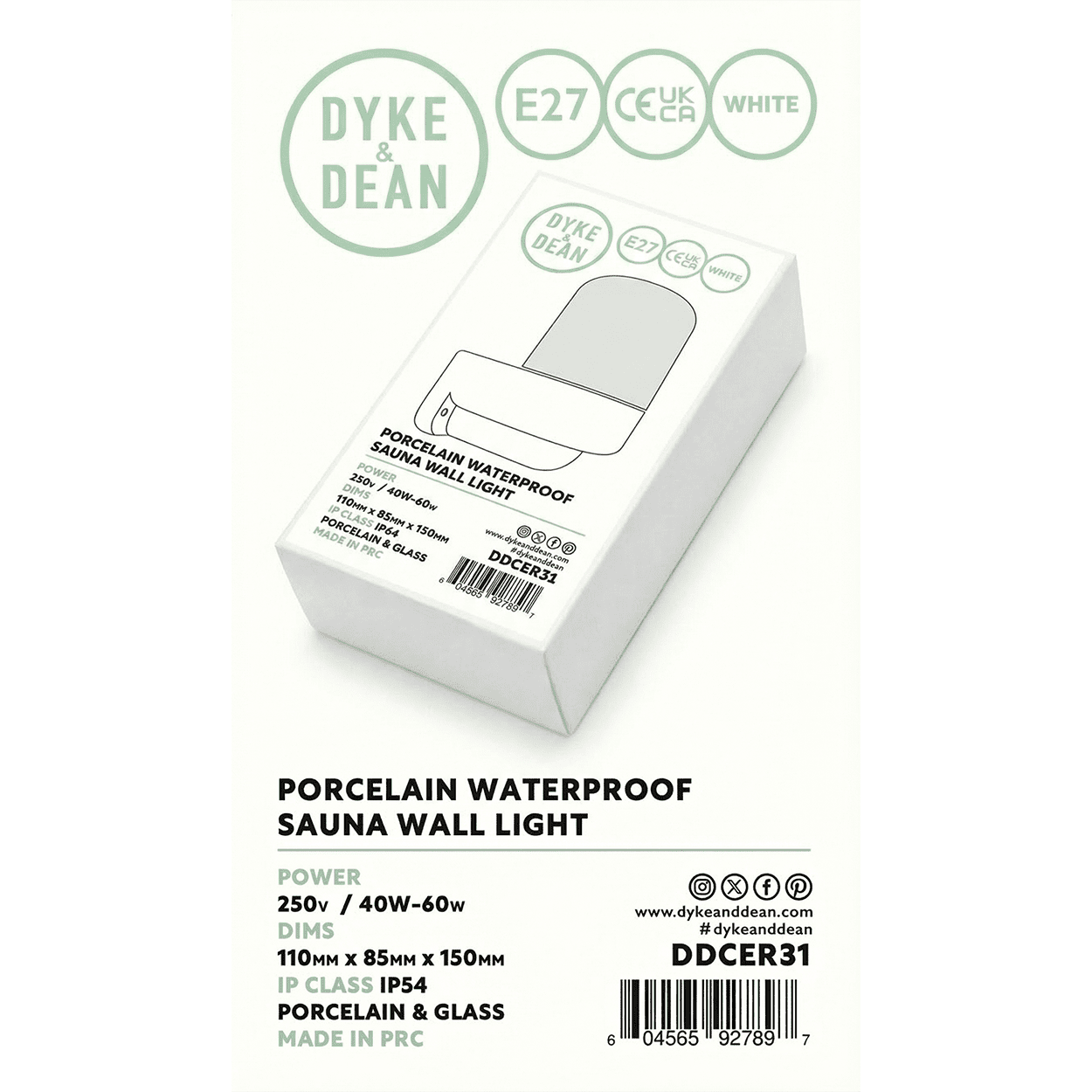 WHITE GLOBE PORCELAIN WATERPROOF SAUNA WALL LIGHT - DYKE & DEAN