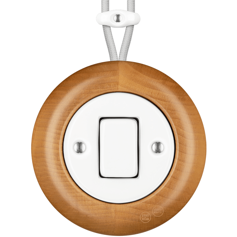 WOODEN PORCELAIN SURFACE MOUNTED FAGUS FAT BUTTON SWITCH - DYKE & DEAN