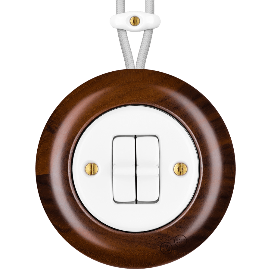 WOODEN PORCELAIN SURFACE MOUNTED NUC MAG DOUBLE TOGGLE SWITCH - DYKE & DEAN