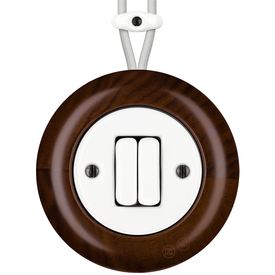 WOODEN PORCELAIN SURFACE MOUNTED NUCLEUS DOUBLE SLIM BUTTON SWITCH - DYKE & DEAN