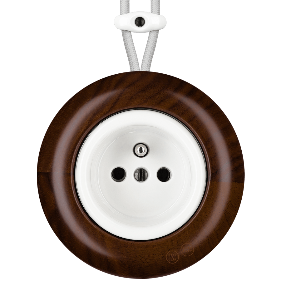 WOODEN PORCELAIN SURFACE MOUNTED NUCLEUS EURO PIN SOCKET - DYKE & DEAN