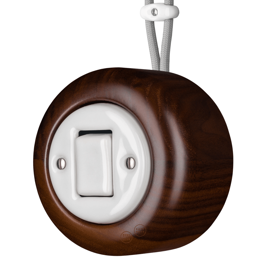 WOODEN PORCELAIN SURFACE MOUNTED NUCLEUS FAT BUTTON SWITCH - DYKE & DEAN
