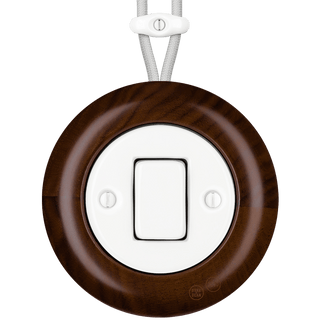 WOODEN PORCELAIN SURFACE MOUNTED NUCLEUS FAT BUTTON SWITCH - DYKE & DEAN