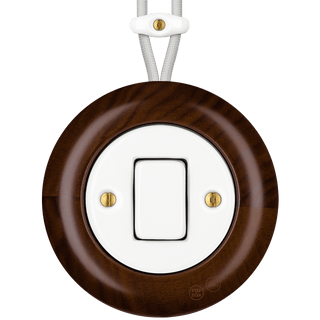 WOODEN PORCELAIN SURFACE MOUNTED NUCLEUS FAT BUTTON SWITCH - DYKE & DEAN