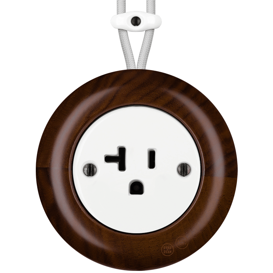 WOODEN PORCELAIN SURFACE MOUNTED NUCLEUS SOCKET USA 20AMP - DYKE & DEAN