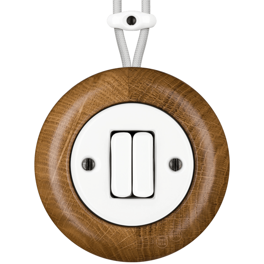 WOODEN PORCELAIN SURFACE MOUNTED ROBUS DOUBLE SLIM BUTTON SWITCH - DYKE & DEAN
