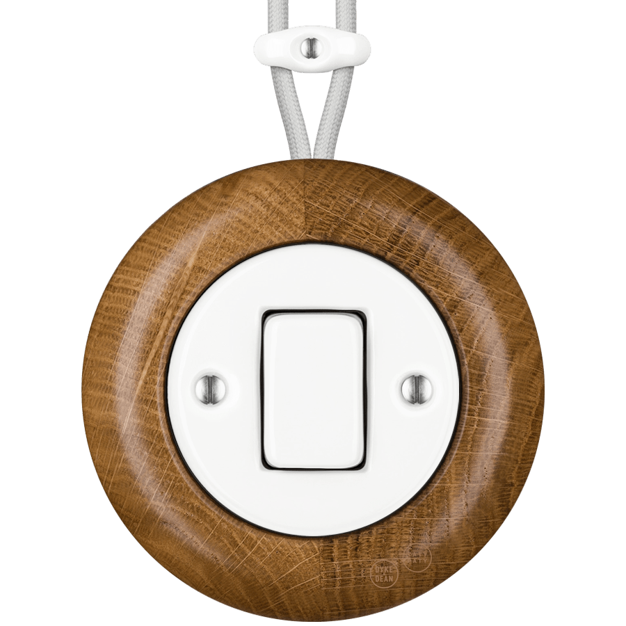 WOODEN PORCELAIN SURFACE MOUNTED ROBUS FAT BUTTON SWITCH - DYKE & DEAN