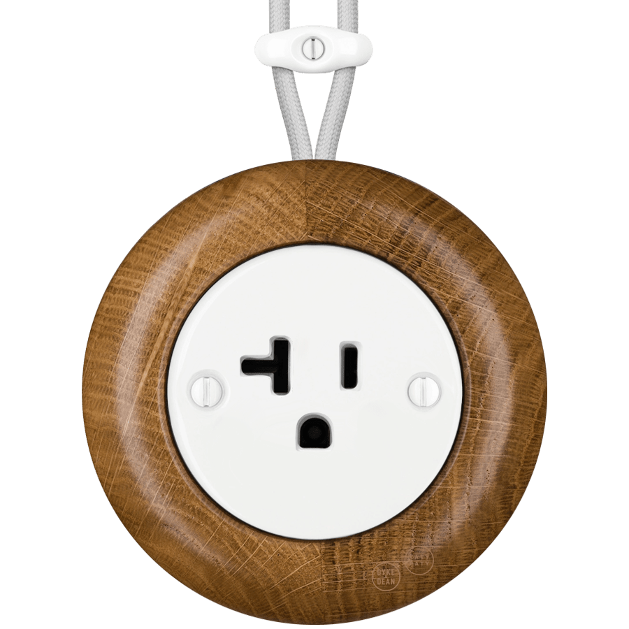 WOODEN PORCELAIN SURFACE MOUNTED ROBUS SOCKET USA 20AMP - DYKE & DEAN