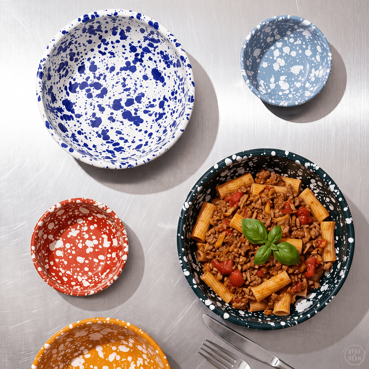 YELLOW & CREAM LARGE SPLATTER ENAMEL BOWL - DYKE & DEAN
