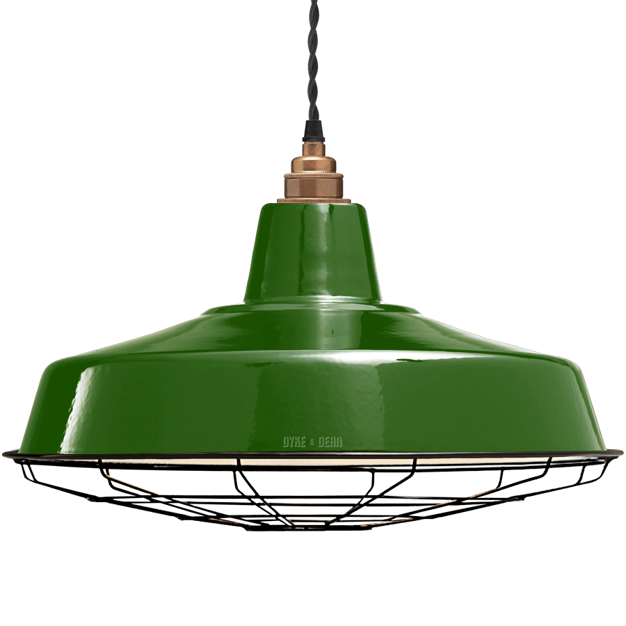 LARGE GREEN ENAMEL SHADE CAGED - DYKE & DEAN