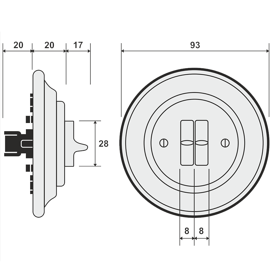 PORCELAIN WALL LIGHT SWITCH CONCHA 2 TOGGLE - DYKE & DEAN