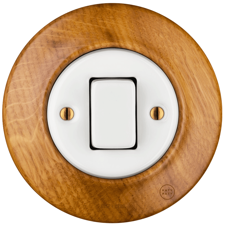 WOODEN PORCELAIN WALL LIGHT SWITCH ROBUS FAT BUTTON - DYKE & DEAN